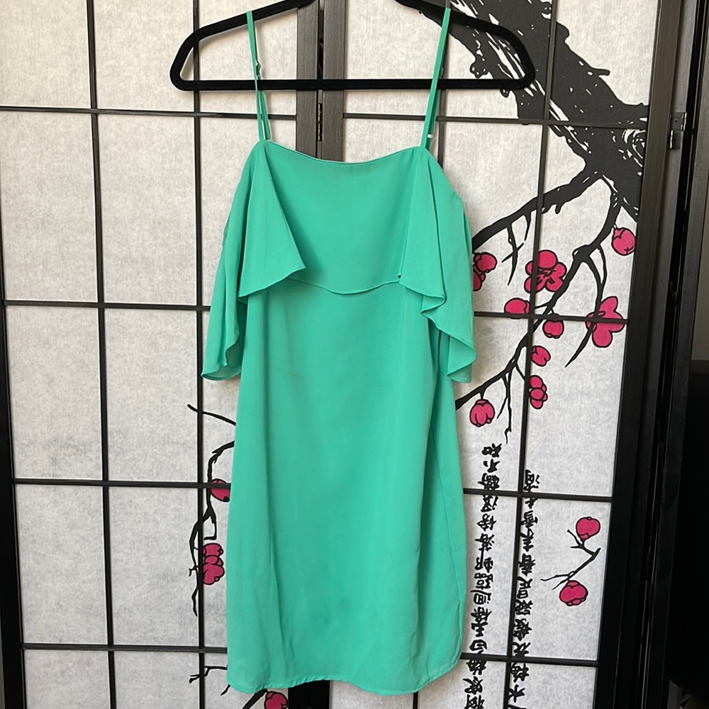 Impeccable Pig Seafoam Green Off the Shoulder Dress with Straps.